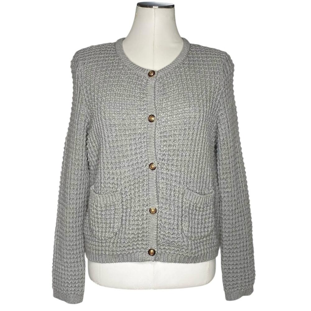 Iris Setlakwe gray textured knit cardigan sweater with front pockets size Large